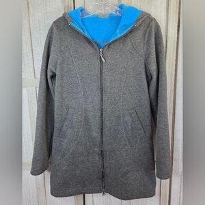 Athleta Womens Redwood Long Full Zip Hooded Jacket Size S Gray/Blue Pockets